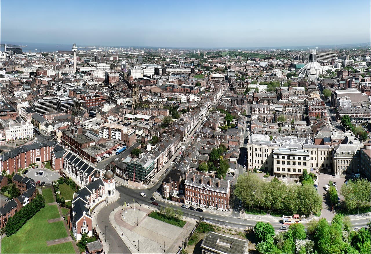Aerial view of the Liverpool city centre skyline
